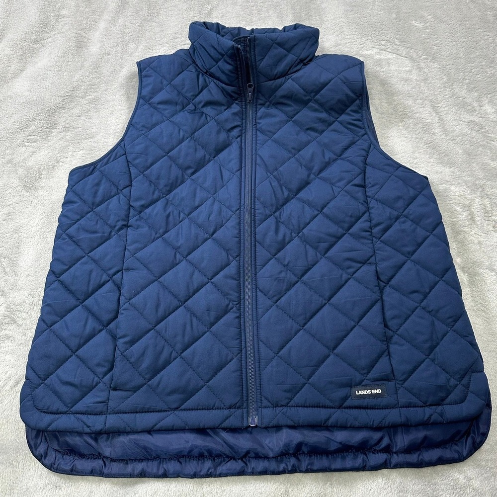 Lands End Quilted Puffer Vest Womens Petite Large Navy Blue Full Zip Mock Neck